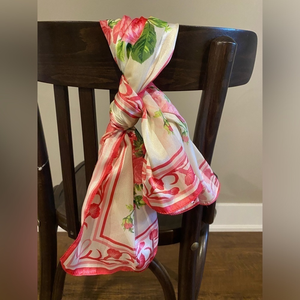 Yabi 100% polyester pink cottage core floral scarf 29” square